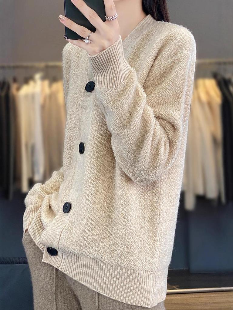 Женский кардиган в корейском стиле из 100% шерсти с V-образным вырезом - Свободный, Модный, Приталенный свитер