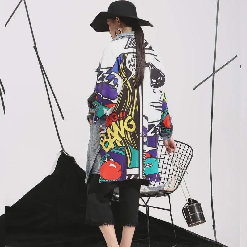 2025 Женская джинсовая ветровка с абстрактным узором - Креативное сращивание, свободная стираная куртка