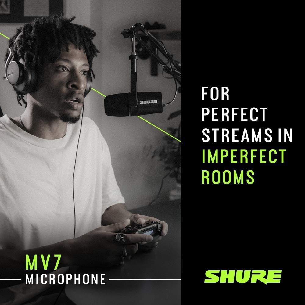 Shure MV7 USB Podcast Microphone for Live Streaming Headphone All Metal Dynamic TeamSpeak Certified Black Podcasting, Recording, & Gaming, Built-In