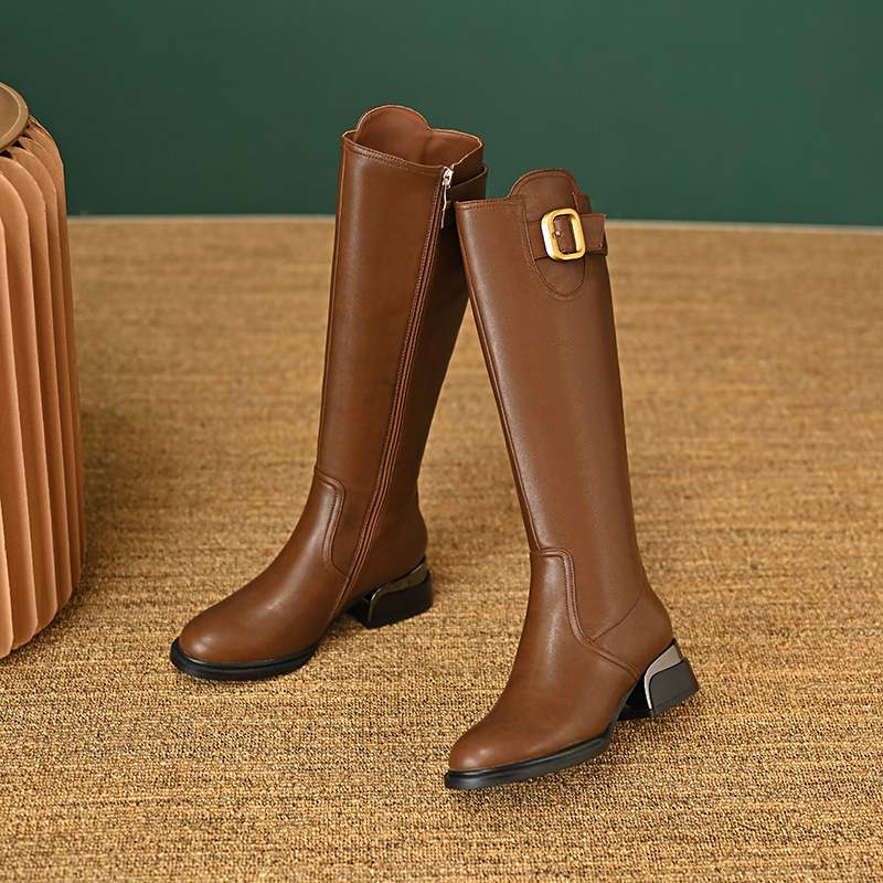 Krazing Pot Осенне-зимняя обувь из коровьей кожи на толстом среднем каблуке, большой размер 45, размер 44, размер 46, металлические пряжки, женские теплые сапоги до колена