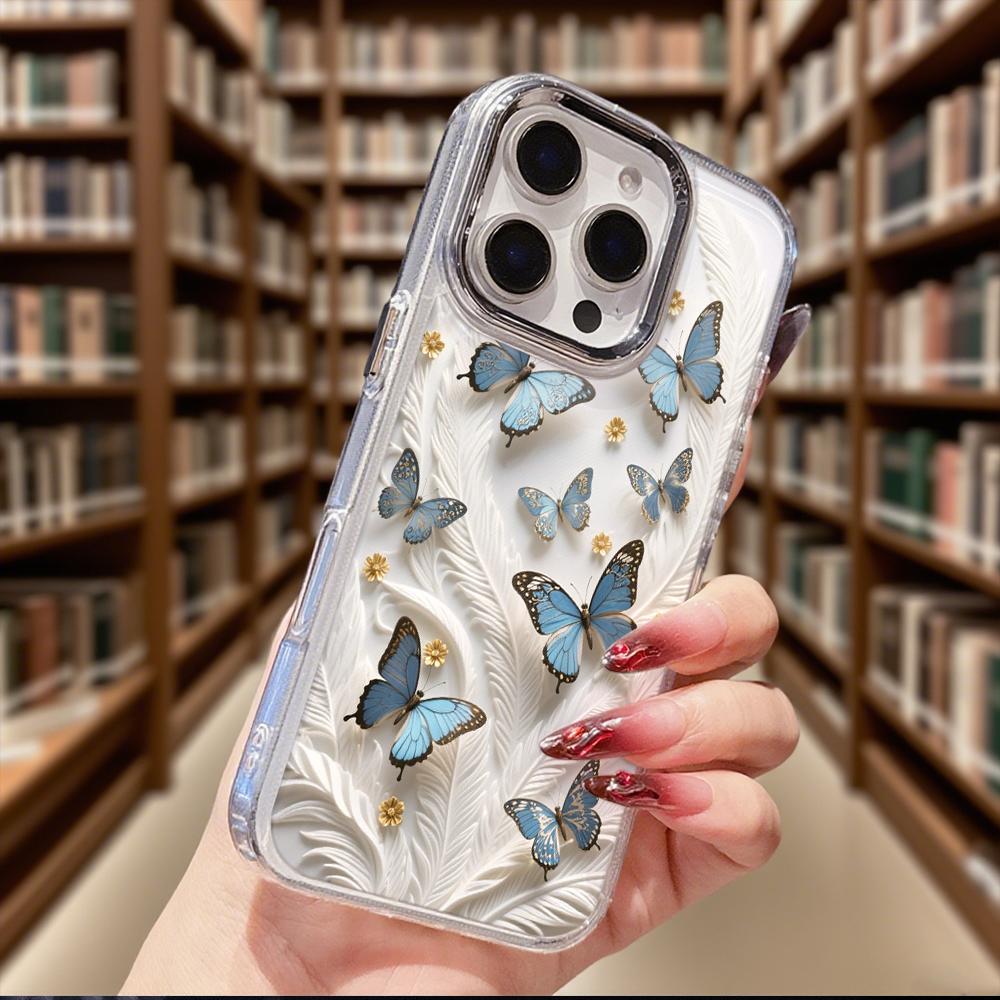 Blue Butterflies White Feathers Transparent Phone Case for IPhone 14 15 16 13 12 11 Pro Max 12 XS Max Anti-Scratch Soft Cover