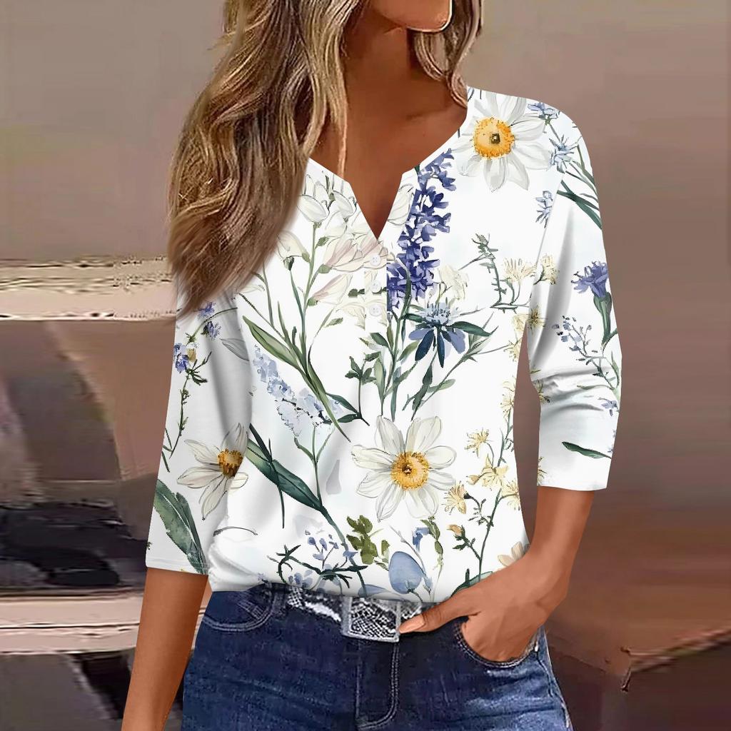 Жен. Футболка С принтом Пуговицы Рукав 3/4 Повседневные Выходные Мода Классический Классический V-образный вырез Обычный Верх