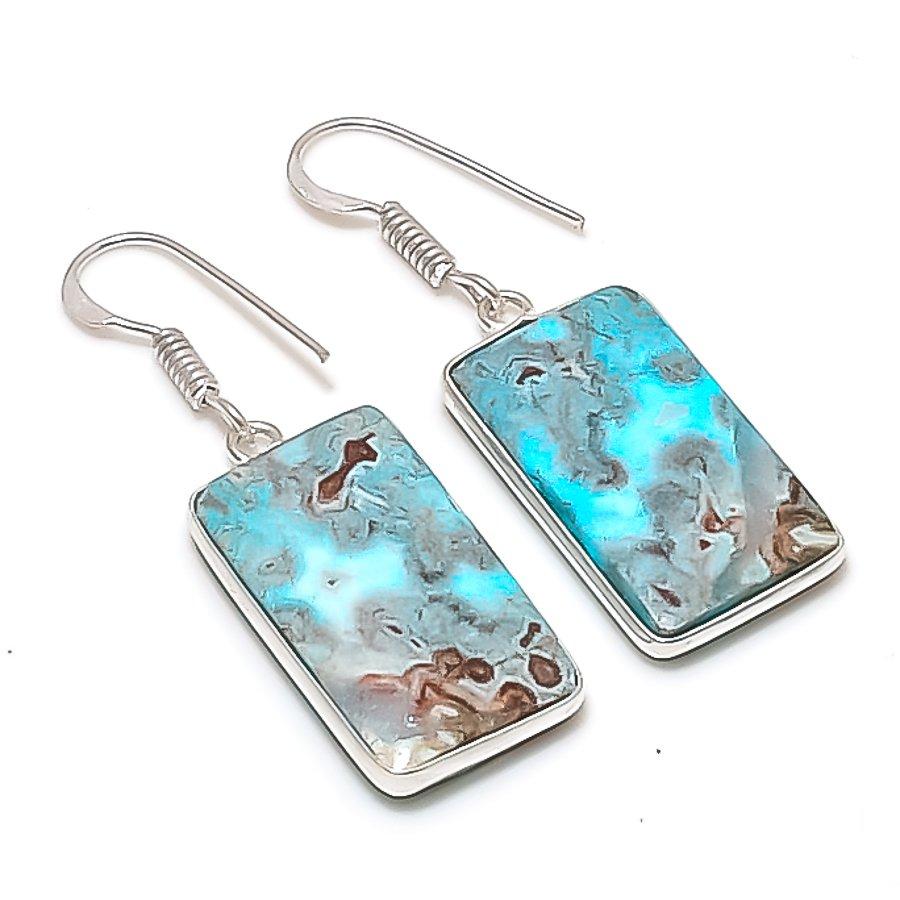 Натуральный Агат Кружевной Камень Ручная Работа Серьга из Стерлингового Серебра 925 пробы 1.69" AE-11409