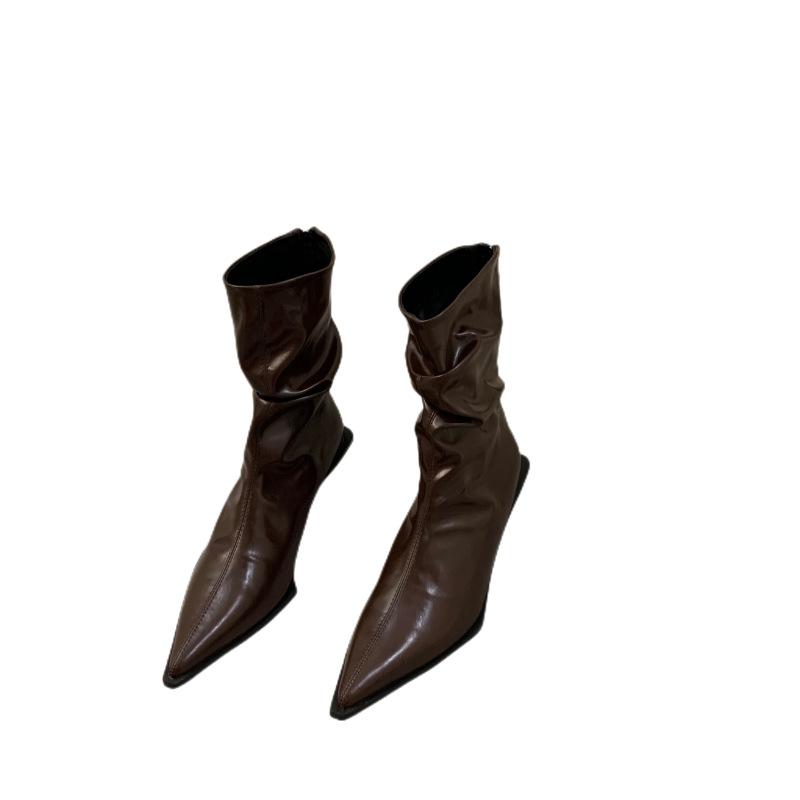 Французский темперамент высокий каблук тонкие короткие ботинки женская обувь 2025 лето коричневые остроносые маленькие ботильоны весна и осень одинарные ботинки