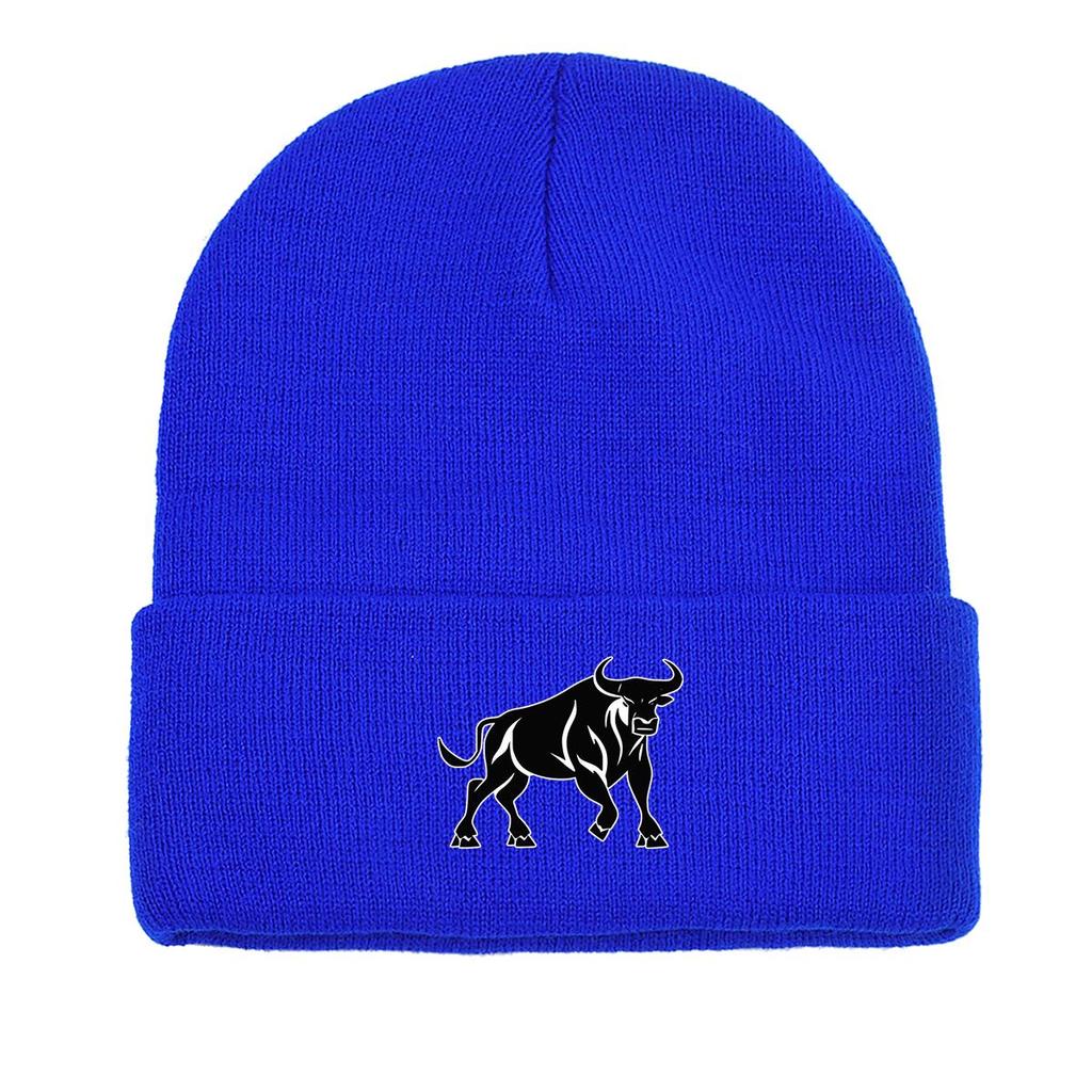 Черная вязаная шапка с принтом быка, шапка-бини с изображением животных, модная вязаная шапка-бини с напуском