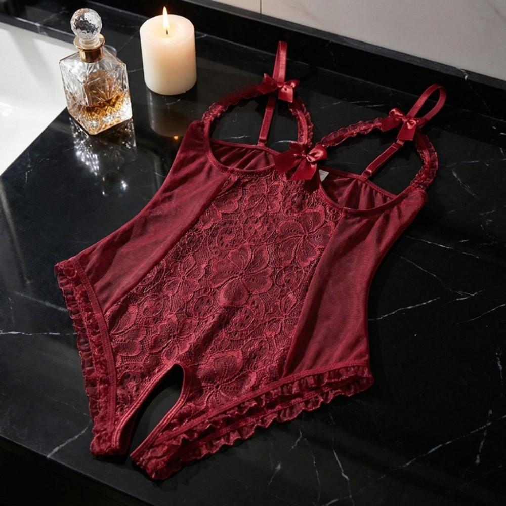Deep V Women Underwear Open Crotch Lace Sling Nightwear Sweet Lace Bow Bodysuit  Gifts