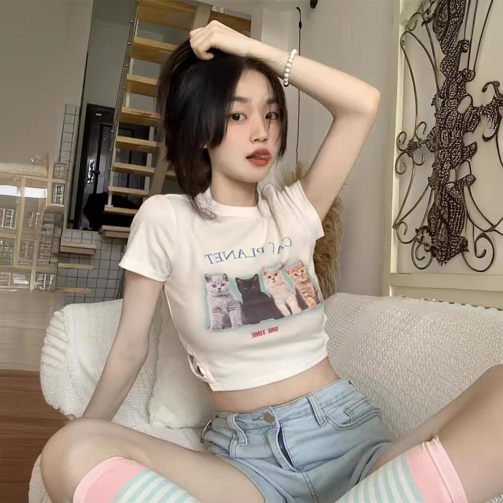 Slim-fit White Short-sleeved T-shirt Women's Summer Sweet and Spicy Navel-showing Short Student Bottoming Top
