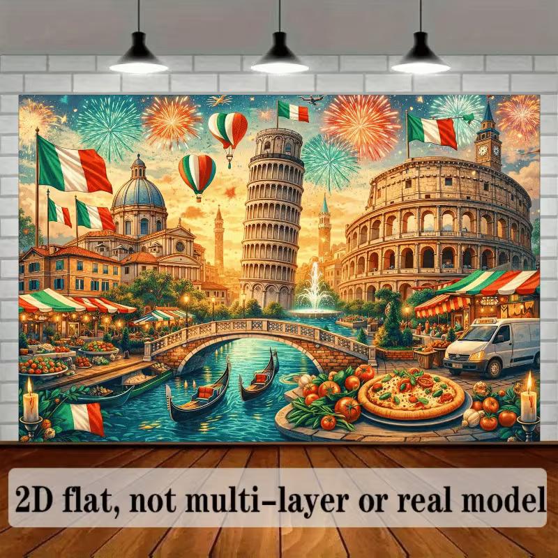 2D Colorful Italian Culture Backdrop with Landmarks, Pizza & Gondolas