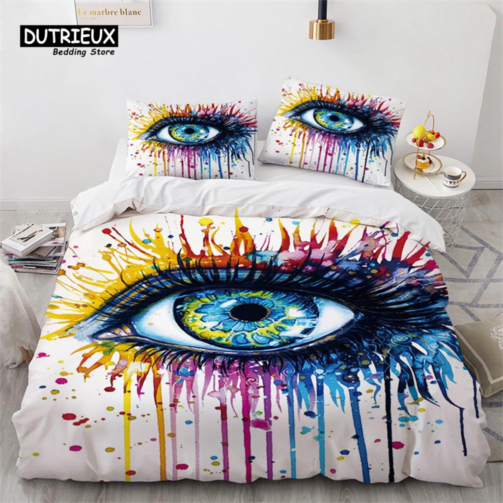 3D Colorful Eyes Duvet Cover Microfiber Vintage All Seeing Eye Tattoo Quilt Cover Boho Mandala Bedding Set Full Single King Size