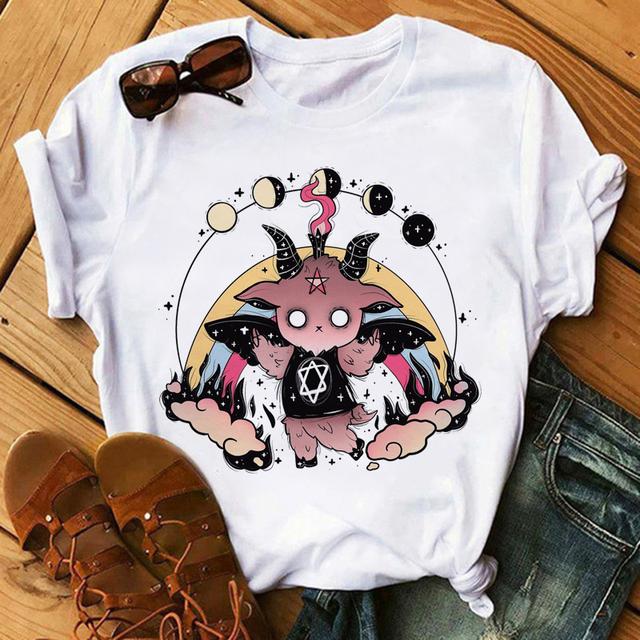 Satan Demon Death Scary T -Shirt Women 'S Demon Print T -Shirt Cartoon Grim Reaper Baphomet T -Shirt