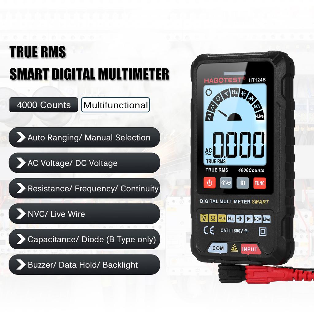 HABOTEST HT124B Умный цифровой мультиметр 4000 отсчетов True   Автоматический выбор диапазона Вольтметр с подсветкой ЖК-экрана 600В AC   Вольтметр Электрический тест