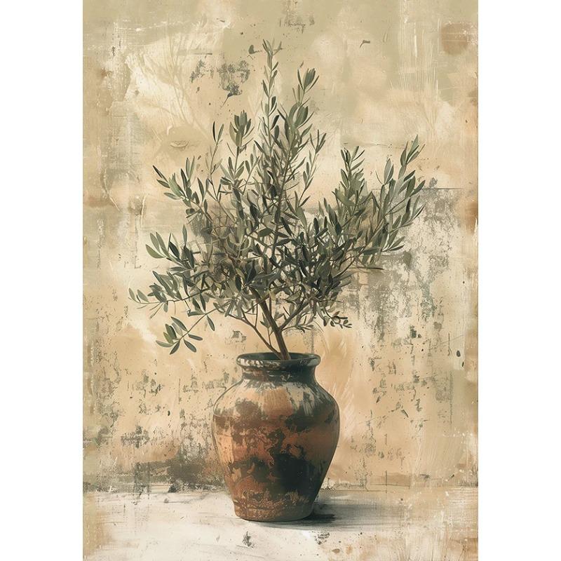 Retro Elegant Olive Tree and Lemon Canvas Poster Vase Wall Art Poster Perfect Gift for Living Room Bedroom Dormitory Home Decor