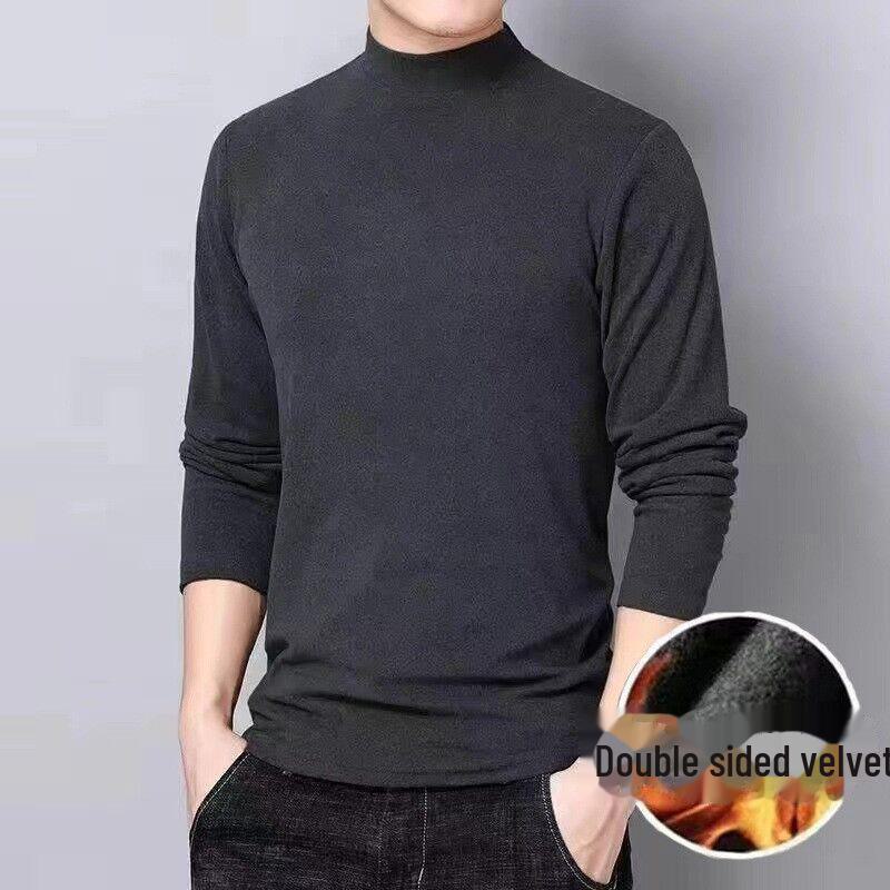Мужская немецкая бархатная термофутболка с длинным рукавом: Воротник средней высоты, двухсторонний бархат, эластичная ткань, модная одежда на осень-зиму.