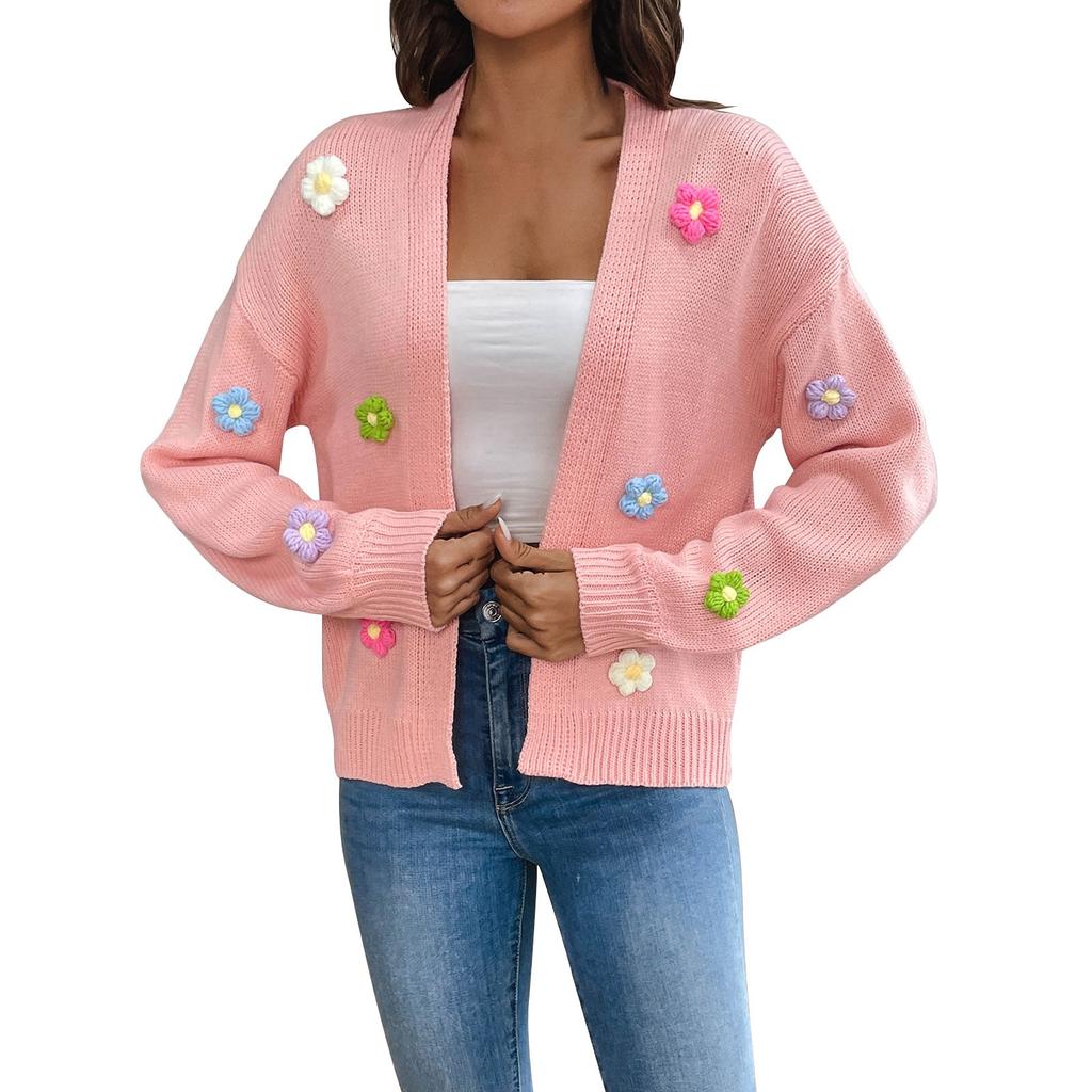 Женская мода, вязаный крючком цветок, милый вязаный кардиган, свитер, куртка, женский ленивый стиль, повседневный свободный свитер