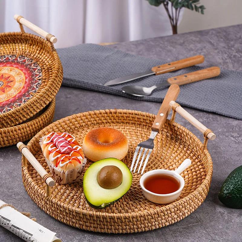 1 шт. плетеная ротанговая корзина для хранения с ручкой-ремнем, круглый поднос для хлеба, закусок, фруктов, пикника - корзина для организации дома