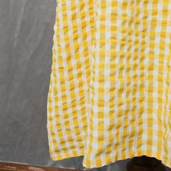 Summer Women Dress O Neck Check Print A-line Big Hem Short Sleeves Pleated Loose Pullover Commute Dating Maxi Dress Daily Long Dress