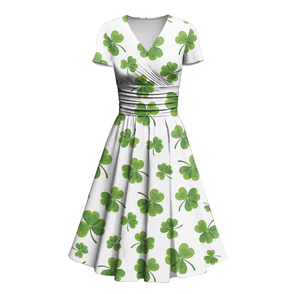 Ladies Princess Dress Sexy V-neck St. Patrick's Day Printed Waist Pulled Ruffle Short Sleeve Dress