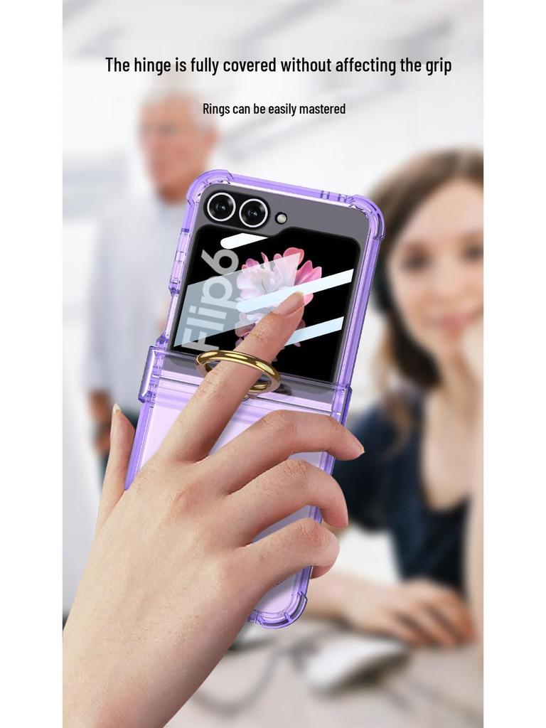 Чехол для Samsung Galaxy Z Flip 6: Вал подушки безопасности, Полностью закрывающий корпус, Прозрачная пленка, Держатель-кольцо