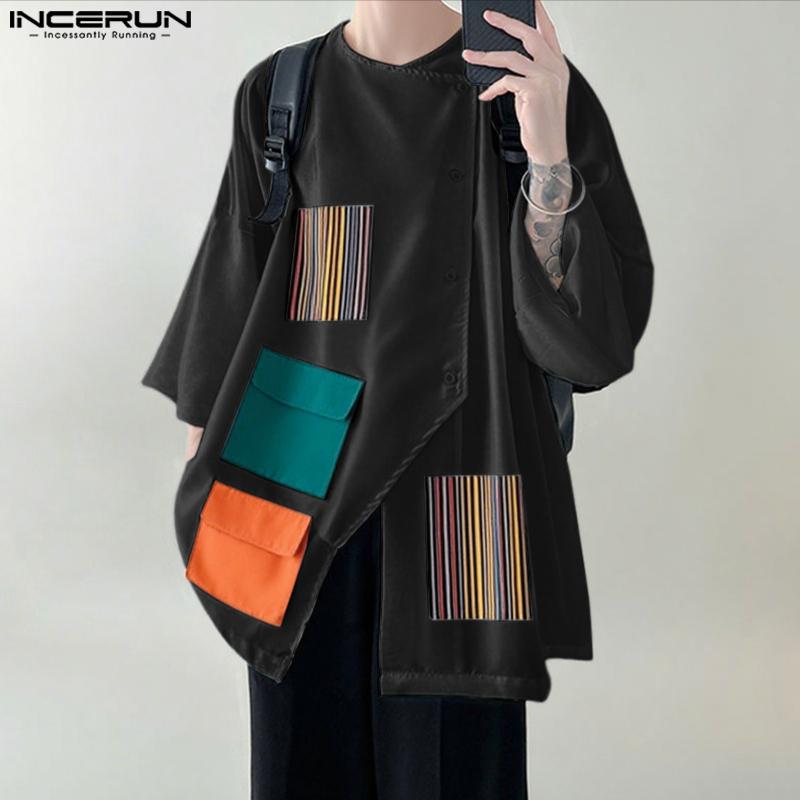 INCERUN Men 3/4 Sleeve Stitching Print Front Cross Splits Casual T-Shirts Tops