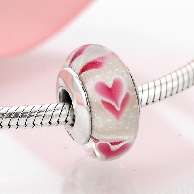 100 %Authentic 925 Sterling Silver Pink Heart Murano Glass Beads Fit Original European Charms Bracelet Jewelry