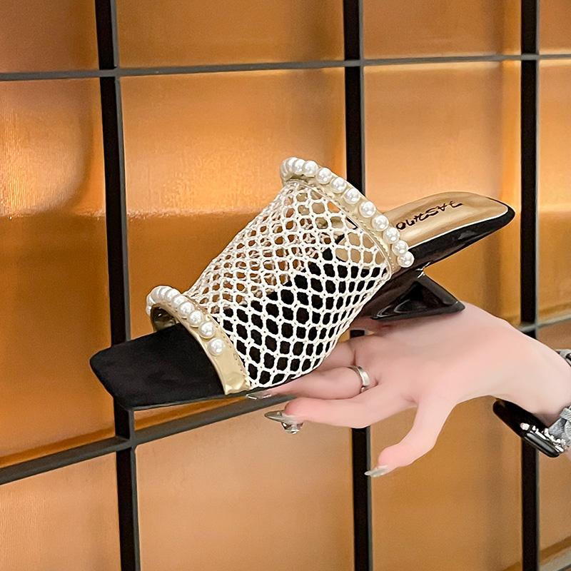 Модные сетчатые модные тапочки женские с жемчужной отделкой элегантный квадратный носок женская обувь 2025 лето новые высокие каблуки туфли-лодочки сандалии