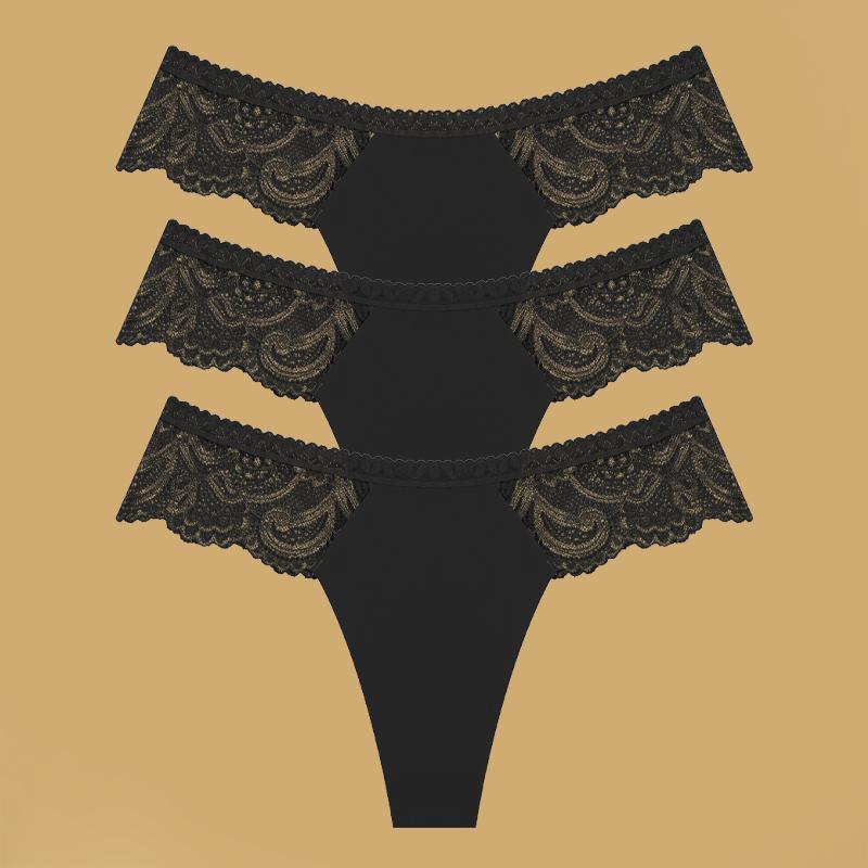 3Pcs Seamless Stretch Thongs Women Comfort Patchwork Lace Panties Female Low-Waist G-string High Quality Floral Soft Lingerie