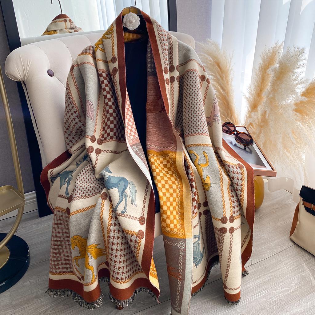Women's  Double-Sided Plaid & Animal Print Faux Cashmere Scarf Cozy Pashmina Shawl Autumn Winter Cold-Resistant Windproof