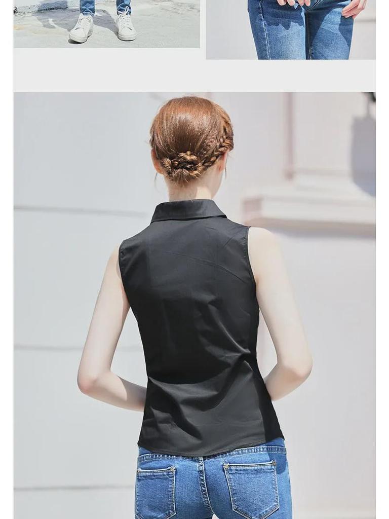 Women's White Sleeveless Slim Fit Korean-Style Blouse - Professional Summer Cotton Top