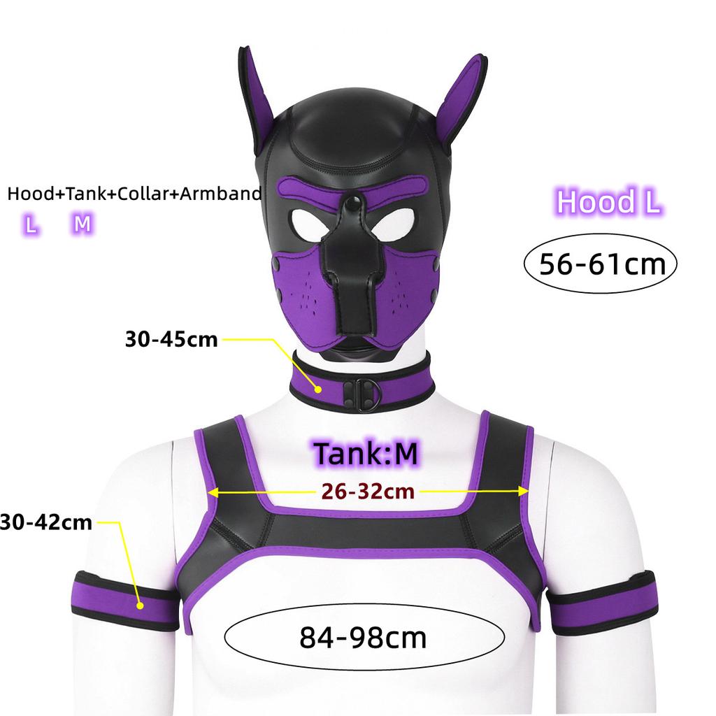 XL большой размер щенок косплей неопреновый фетиш капюшон маска комплект с нагрудным ремнем воротник повязка секс-костюмы для БДСМ роль раба