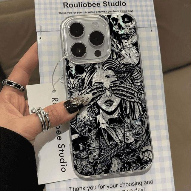 Pink Purple Skull Feather Gauze Phone Case For 16 15 14 13 12 11 iPhone Air 17 Pro Max 16e Shockproof Hard Cover