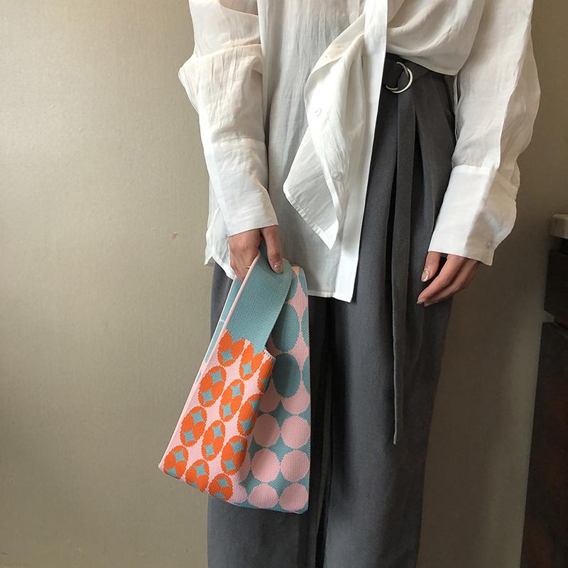 Вязаная сумка с геометрическим узором, женская мини-сумка на запястье с узлом, модные сумки, женские тканые сумки-шоппер, многоразовые повседневные сумки