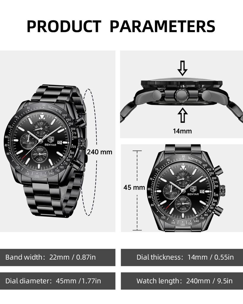 Benyar Men's Chronograph Analog Watch 30M Water Resistant Business Stylish Formal Leather Band Silver Black Quartz Gift