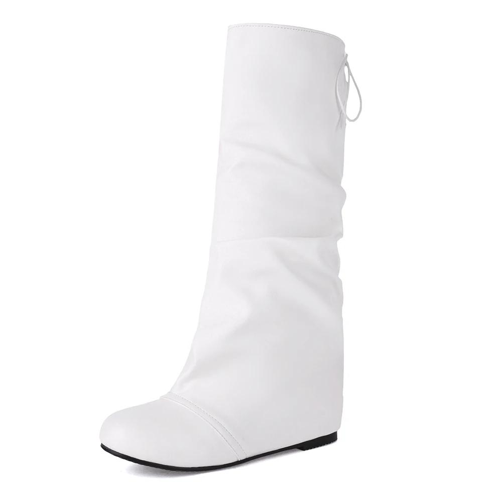 Fashion Autumn Winter Women Mid Calf Boots Casual Slip on Lace up Long Boots Flats Fashion Pleated Round Toe Black Elegant Botas Female