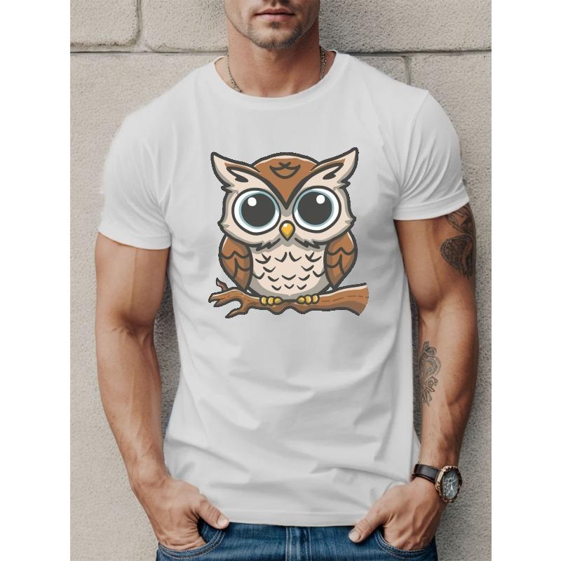 Европейские размеры Мужская повседневная футболка с графическим принтом совы - Короткий рукав, Полиэстер, Круглый вырез, Машинная стирка, Топ для комфорта в любое время года