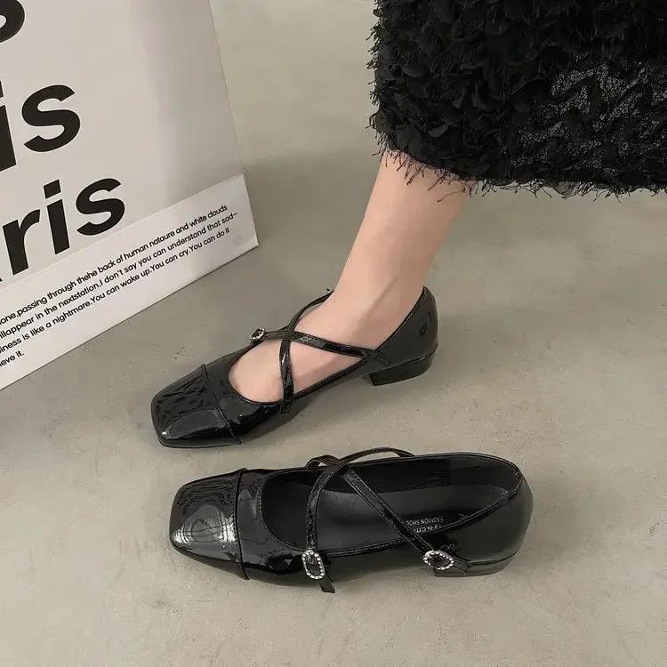 Fashion Fashion Medium Heeled Mary Jane Single Shoes for Women Retro Thick Heel Ballet Shoes Cross Buckle Shallow SoftSole Shoe 2025