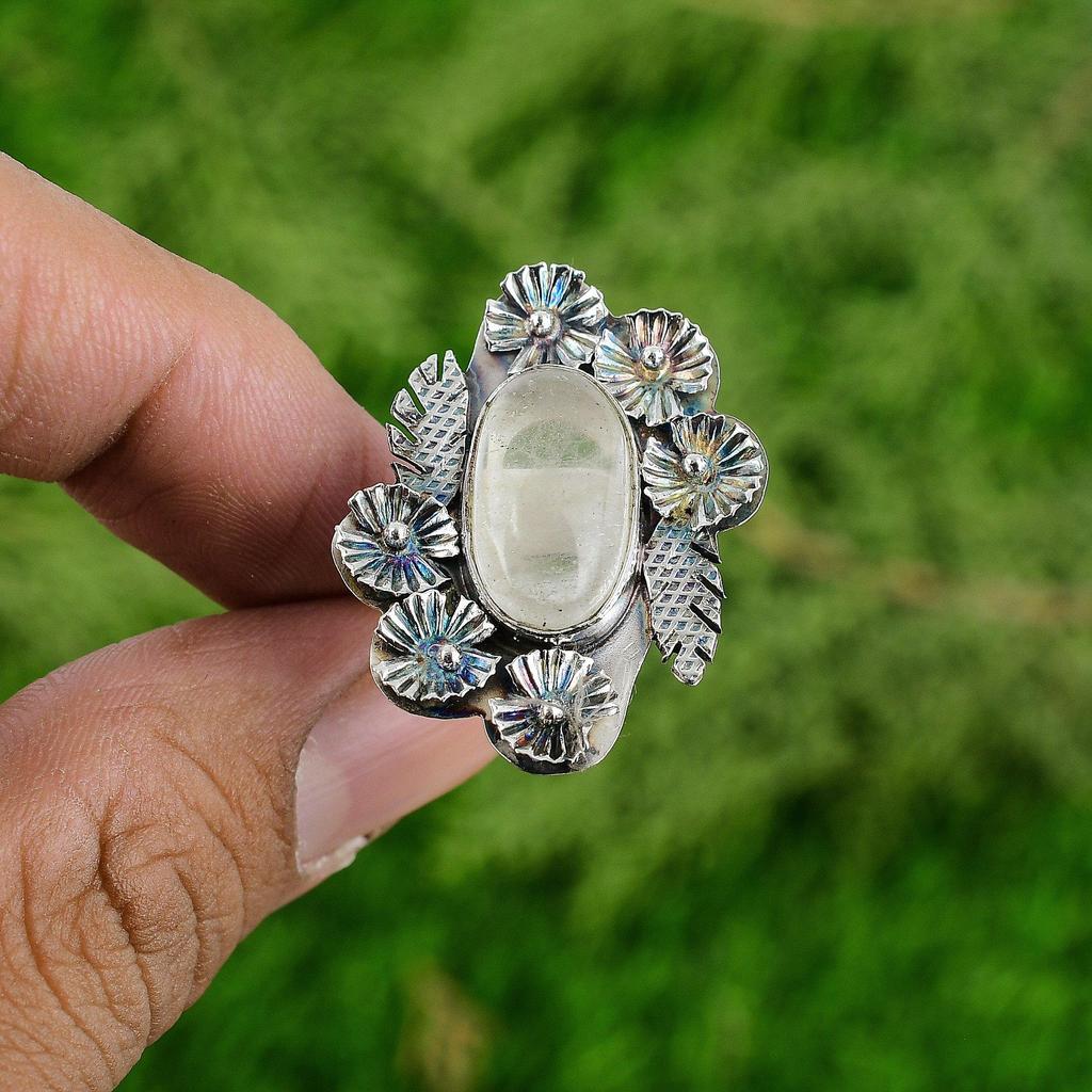 Natural Moonstone Gemstone Statement Flower White Adjustable Ring 925 Silver