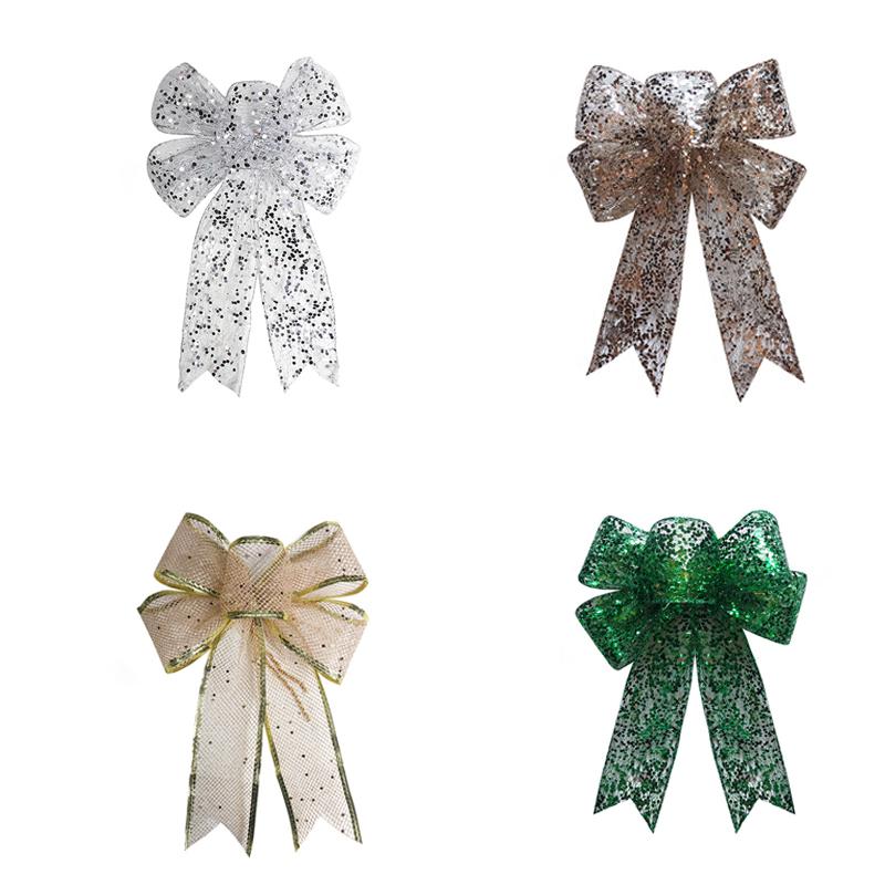 Christmas Tree Hanging Decorations Gold Silver Bowknot Christmas Bows Glitter Ornaments Craft
