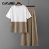 Summer Women's T-shirt Casual Fashion Suit Loose Thin Colour Blocking Plus Size Short-sleeved Top Wide Leg Trousers Two-piece Set