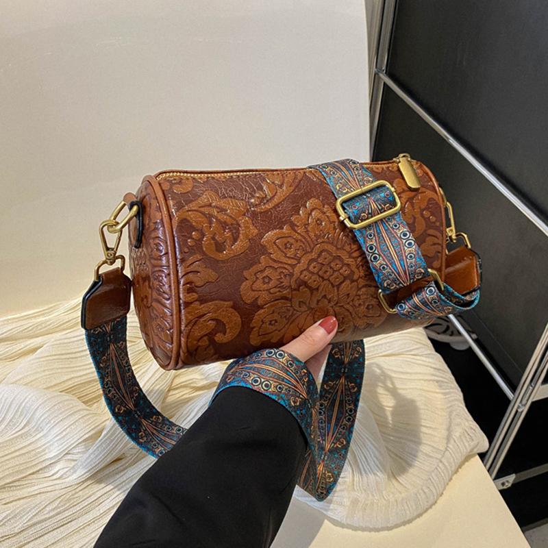 Yogodlns Винтажная сумка через плечо с цветочным тиснением в этническом стиле, цилиндрический кошелек, женская сумка на плечо с широким ремешком