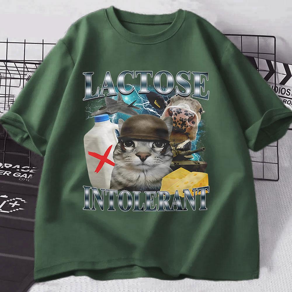 Lactose Intolerant Funny Cat Meme T-Shirt Men Women Retro Fashion Short Sleeve T-shirts Cotton Casual Cozy Oversized T Shirts