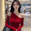 Pure Desire Hot Girl Style Asymmetrical Neckline Off-Shoulder Long-Sleeve T-Shirt for Women, Autumn Sexy Irregular Slim-Fit Base Layer Top