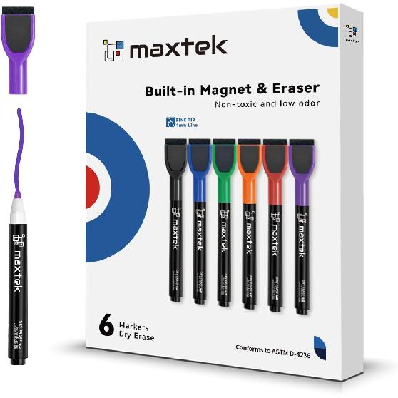 Maxtek Магнитные маркеры для белой доски - 12 шт., разноцветные, с тонким наконечником, для сухого стирания, для детей, с низким запахом, тонкие маркеры для досок-календарей