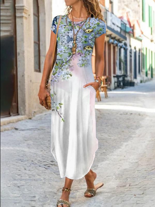 Женское летнее длинное платье с круглым вырезом и коротким рукавом с карманом реглан и цветочным принтом
