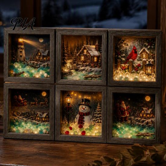Bedside Ambient Light Christmas Sea Glass Shadow Box Night Light, 3D Winter Snow Scene Wooden Retro Style Wall Decor Art Frame with LED Warm