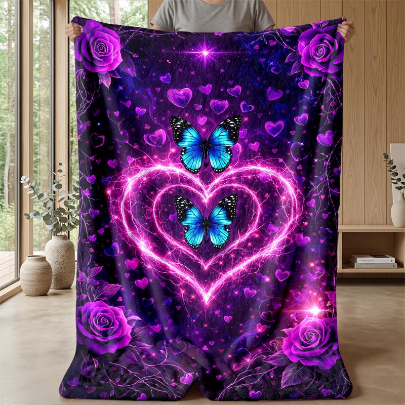Purple Heart with Blue Butterflies Theme blanket Lightweight Warm Flannel Blanket Decorative Throw Blanket for Home Decoration