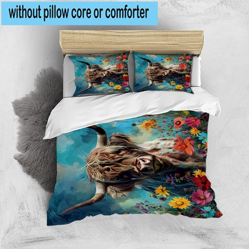 Cow In Flower Field 3pcs Bedding,Including 1pc Duvet Cover And 2pcs Pillowcases Perfect for Christmas,Ideal for Bedroom, Dormitory