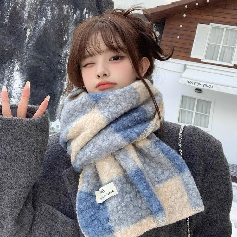Korean Style Plaid Fleece Scarf Coldproof Winter Cashmere Shawl Elegant Curly Wool Scarf Women