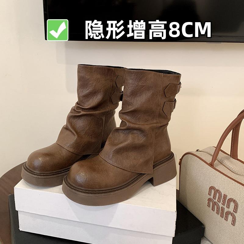 New spot Maillard brown retro short boots women's autumn and winter British style small inner height-increasing versatile trouser tube boots