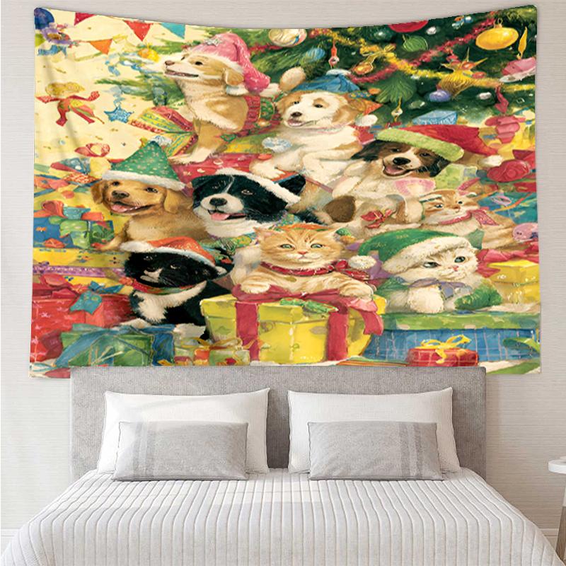 Christmas-Dog Print Tapestry, Backdrop, Easy Setup, Ideal for Bedroom, Office & Living Room, with Aesthetic Wall Hanging Decor.