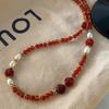 Red Stone Necklace, Freshwater Pearl Sweater Chain, Accessories, New Atmosphere, Medieval Collarbone Chain Women